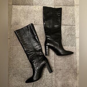 PAIGE Women’s Carmen Knee High Croc Leather Boots in Black